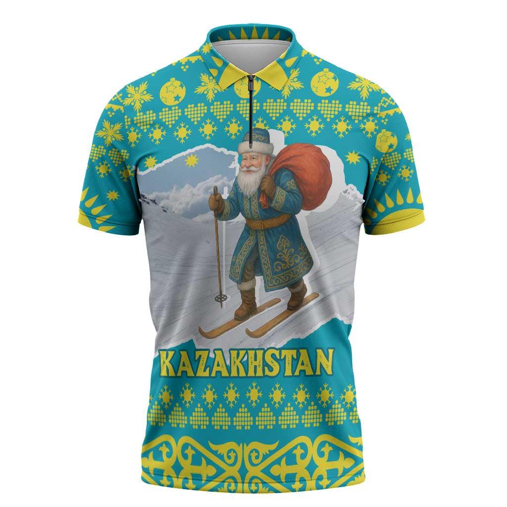Kazakhstan Christmas Zipper Polo Shirt with Santa Skiing in Traditional Outfit Snow Mountain and Sun Pattern - Wonder Print Shop