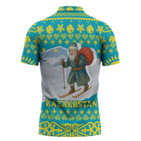 Kazakhstan Christmas Zipper Polo Shirt with Santa Skiing in Traditional Outfit Snow Mountain and Sun Pattern - Wonder Print Shop