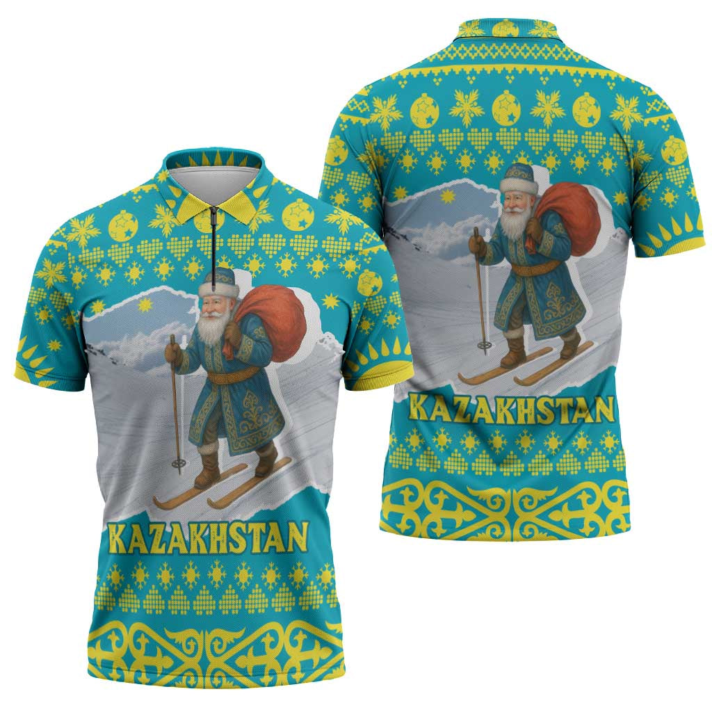 Kazakhstan Christmas Zipper Polo Shirt with Santa Skiing in Traditional Outfit Snow Mountain and Sun Pattern - Wonder Print Shop