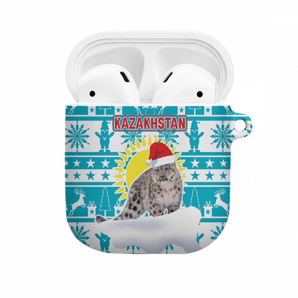 Kazakhstan Christmas AirPods Case with Snow Leopard in Santa Hat Blue and Yellow Reindeer Snowflake - Wonder Print Shop