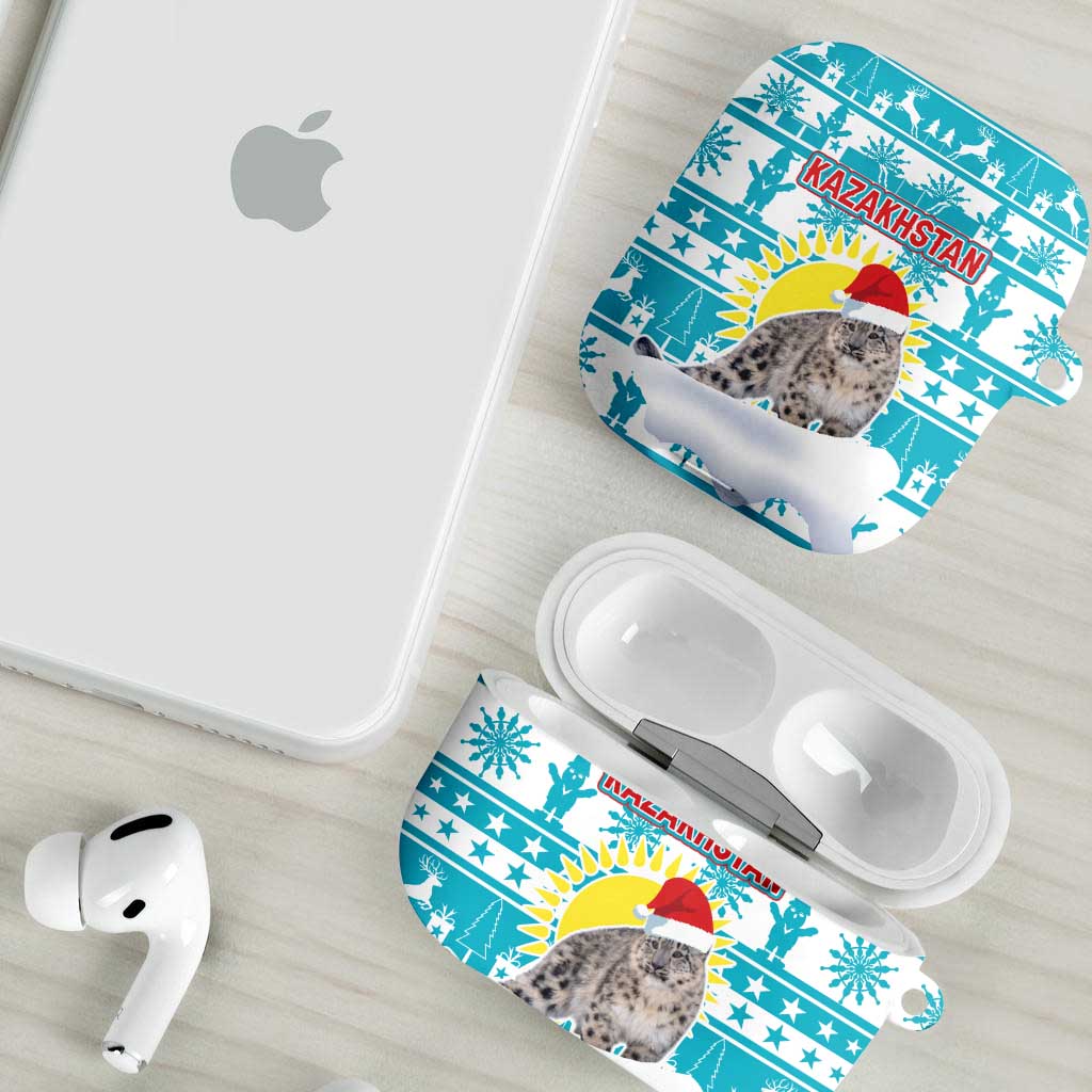 Kazakhstan Christmas AirPods Case with Snow Leopard in Santa Hat Blue and Yellow Reindeer Snowflake - Wonder Print Shop