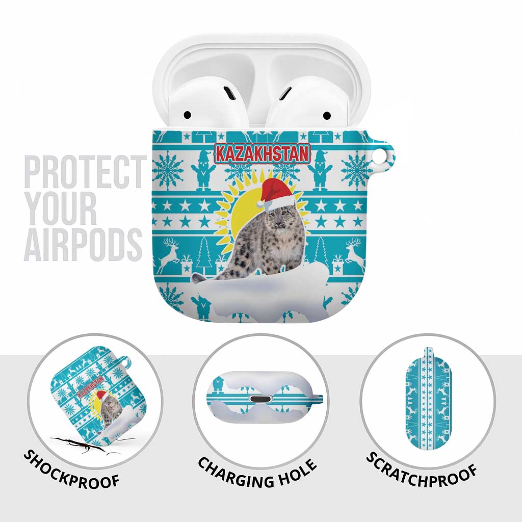 Kazakhstan Christmas AirPods Case with Snow Leopard in Santa Hat Blue and Yellow Reindeer Snowflake - Wonder Print Shop