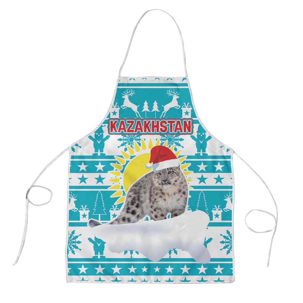 Kazakhstan Christmas Apron with Snow Leopard in Santa Hat Blue and Yellow Reindeer Snowflake - Wonder Print Shop