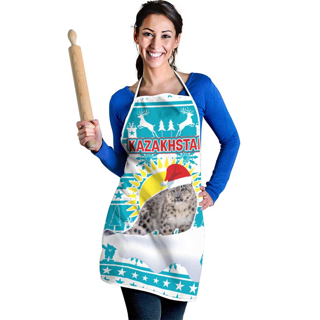 Kazakhstan Christmas Apron with Snow Leopard in Santa Hat Blue and Yellow Reindeer Snowflake - Wonder Print Shop