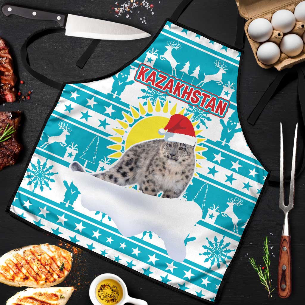 Kazakhstan Christmas Apron with Snow Leopard in Santa Hat Blue and Yellow Reindeer Snowflake - Wonder Print Shop