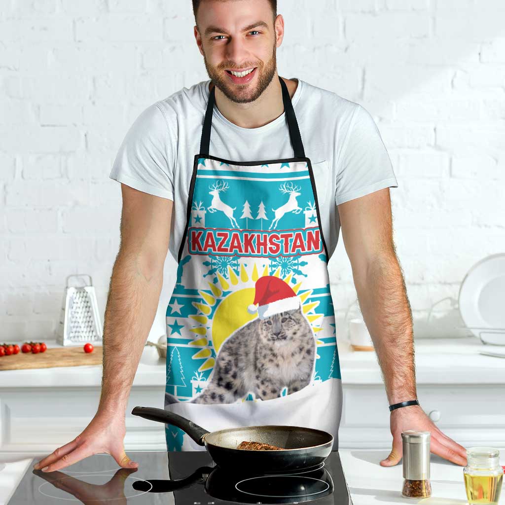 Kazakhstan Christmas Apron with Snow Leopard in Santa Hat Blue and Yellow Reindeer Snowflake - Wonder Print Shop