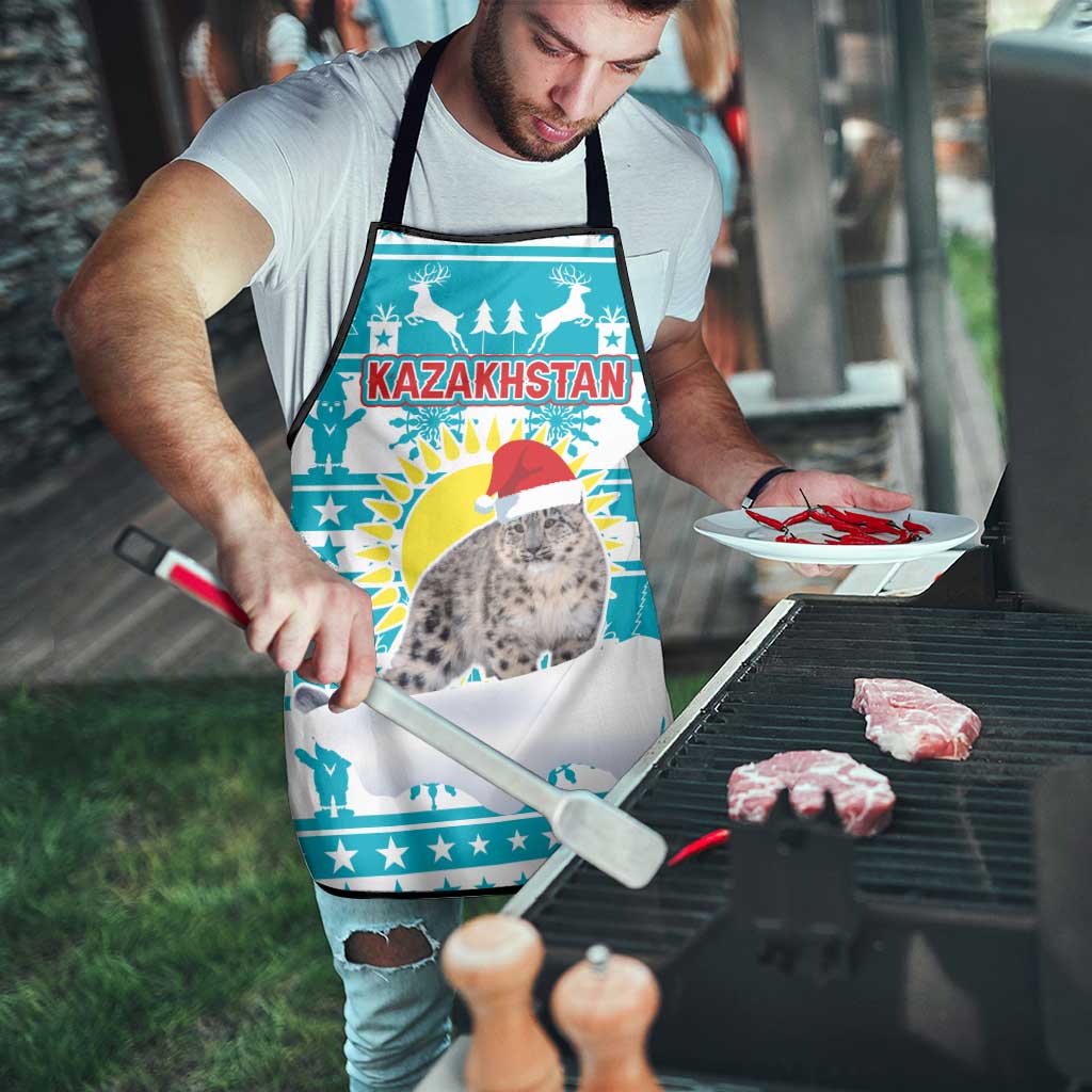 Kazakhstan Christmas Apron with Snow Leopard in Santa Hat Blue and Yellow Reindeer Snowflake - Wonder Print Shop