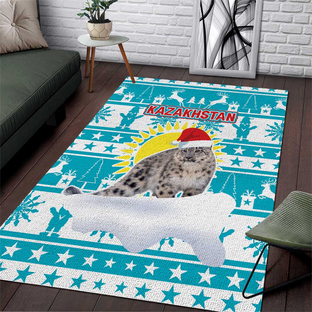 Kazakhstan Christmas Area Rug with Snow Leopard in Santa Hat Blue and Yellow Reindeer Snowflake - Wonder Print Shop