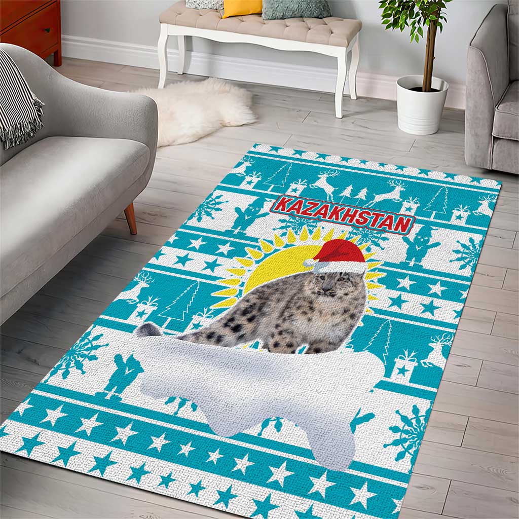 Kazakhstan Christmas Area Rug with Snow Leopard in Santa Hat Blue and Yellow Reindeer Snowflake - Wonder Print Shop