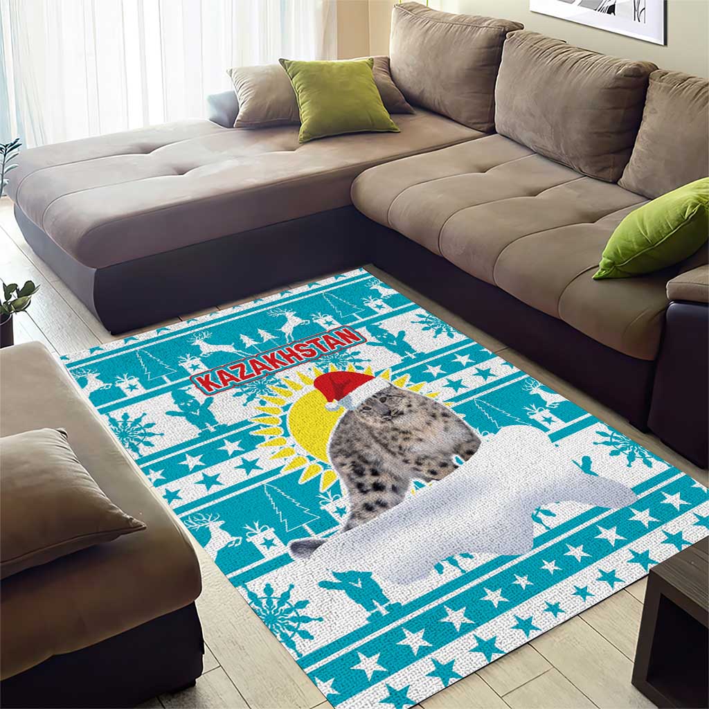 Kazakhstan Christmas Area Rug with Snow Leopard in Santa Hat Blue and Yellow Reindeer Snowflake - Wonder Print Shop