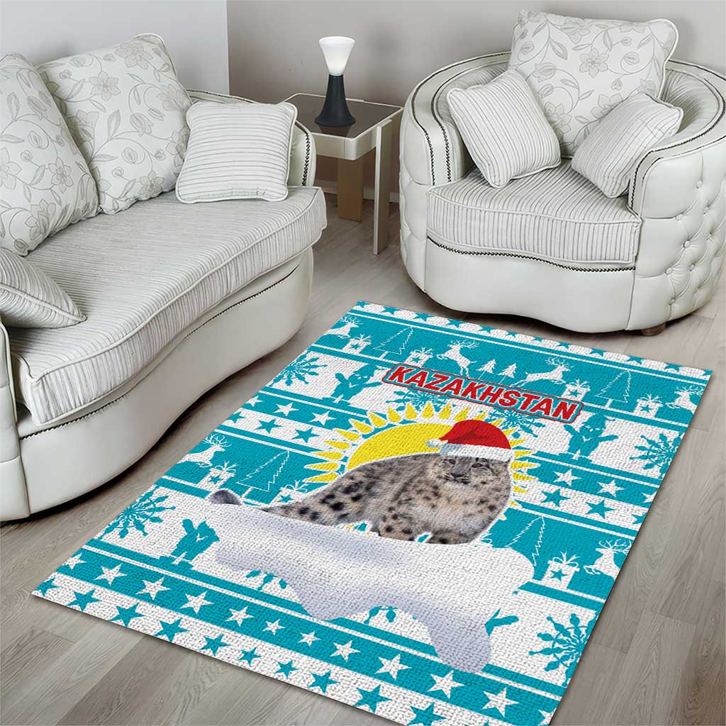 Kazakhstan Christmas Area Rug with Snow Leopard in Santa Hat Blue and Yellow Reindeer Snowflake - Wonder Print Shop