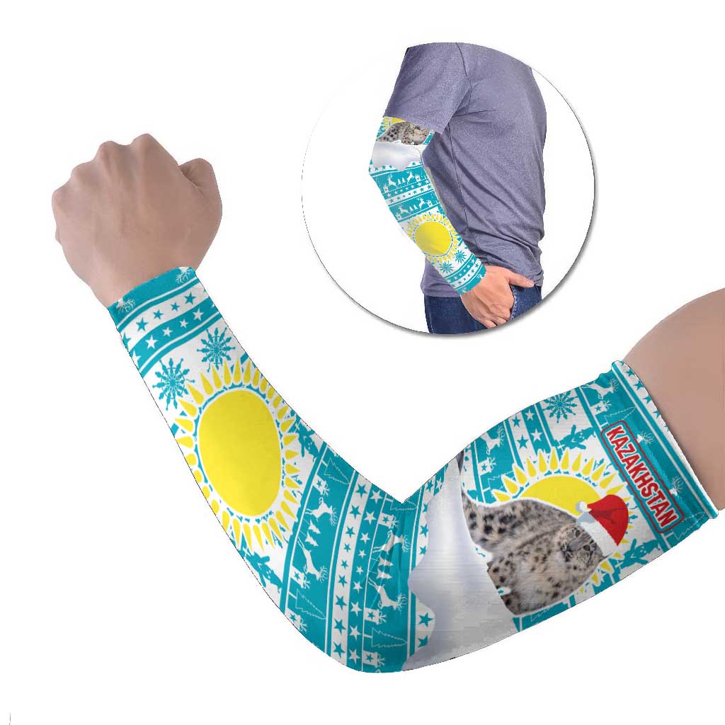 Kazakhstan Christmas Arm Sleeves with Snow Leopard in Santa Hat Blue and Yellow Reindeer Snowflake - Wonder Print Shop