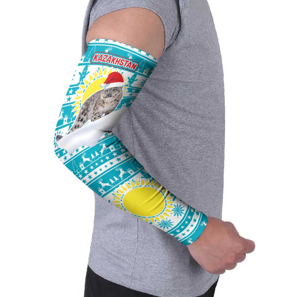Kazakhstan Christmas Arm Sleeves with Snow Leopard in Santa Hat Blue and Yellow Reindeer Snowflake - Wonder Print Shop