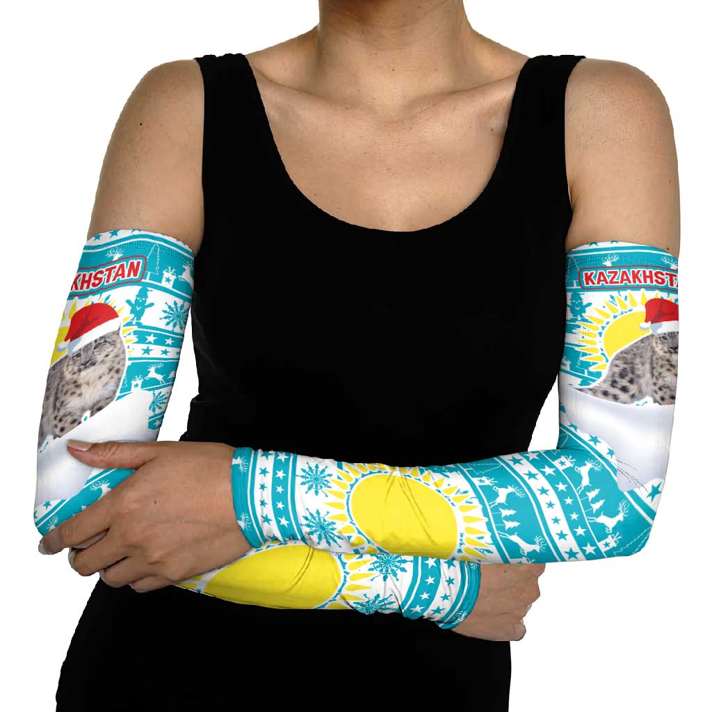 Kazakhstan Christmas Arm Sleeves with Snow Leopard in Santa Hat Blue and Yellow Reindeer Snowflake - Wonder Print Shop