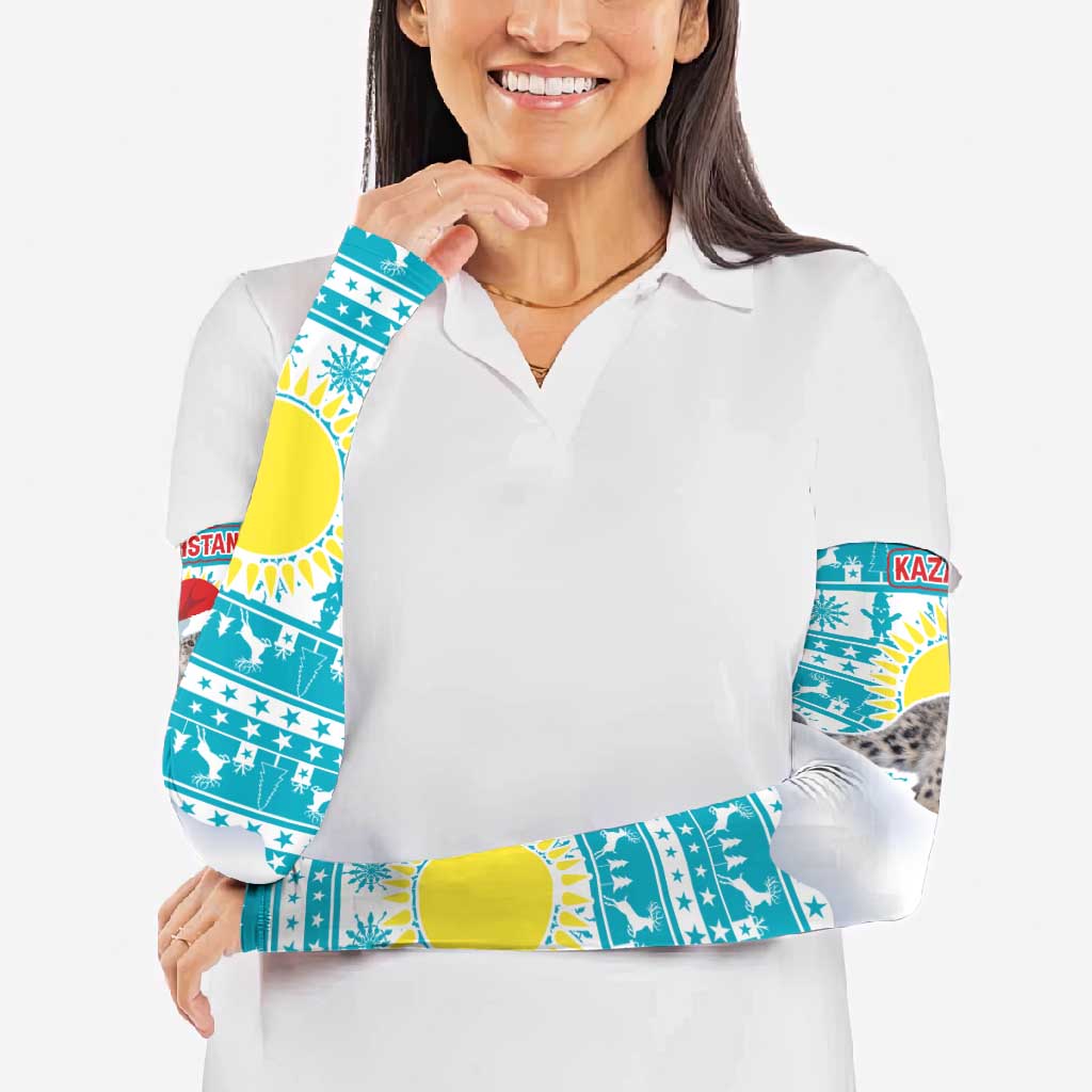 Kazakhstan Christmas Arm Sleeves with Snow Leopard in Santa Hat Blue and Yellow Reindeer Snowflake - Wonder Print Shop