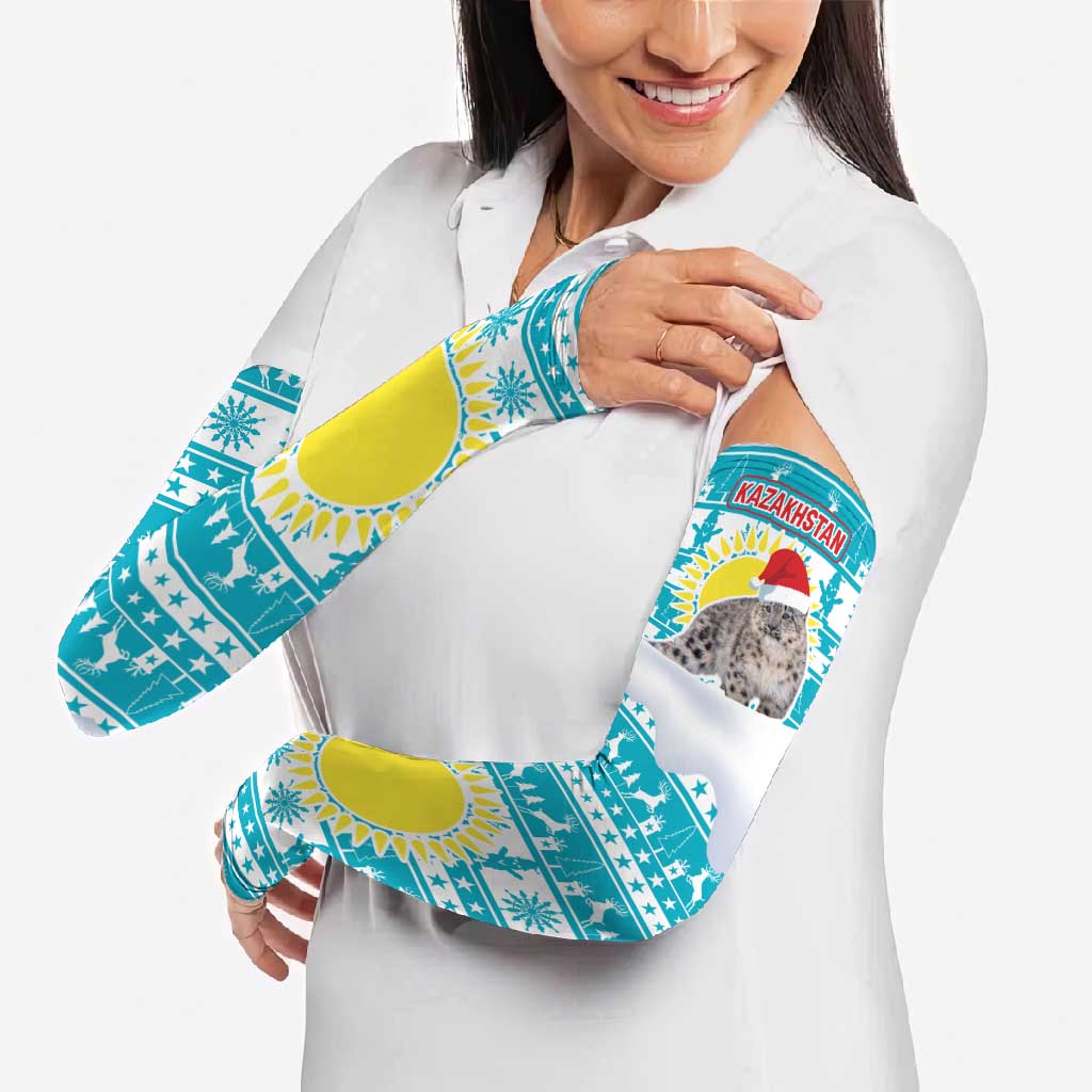 Kazakhstan Christmas Arm Sleeves with Snow Leopard in Santa Hat Blue and Yellow Reindeer Snowflake - Wonder Print Shop