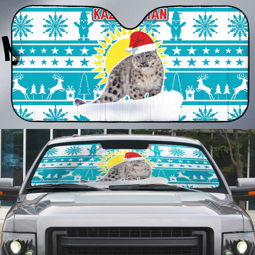 Kazakhstan Christmas Auto Sun Shade with Snow Leopard in Santa Hat Blue and Yellow Reindeer Snowflake - Wonder Print Shop