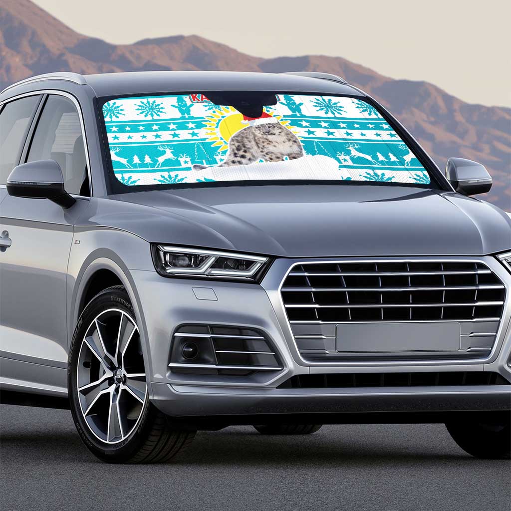 Kazakhstan Christmas Auto Sun Shade with Snow Leopard in Santa Hat Blue and Yellow Reindeer Snowflake - Wonder Print Shop