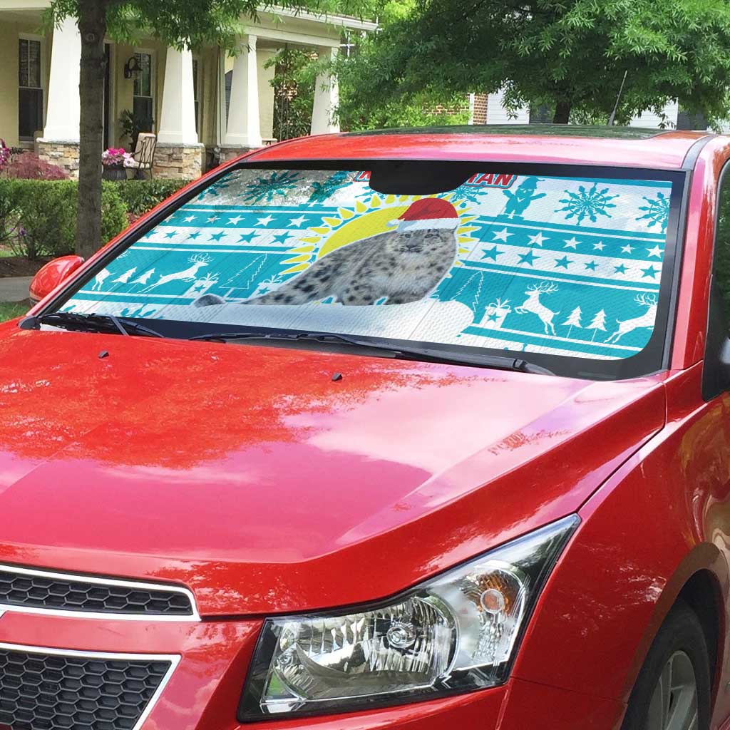 Kazakhstan Christmas Auto Sun Shade with Snow Leopard in Santa Hat Blue and Yellow Reindeer Snowflake - Wonder Print Shop