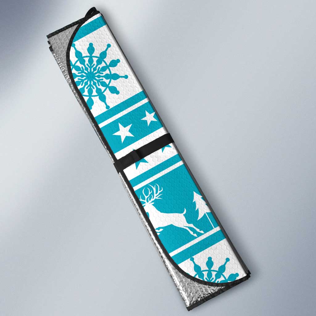 Kazakhstan Christmas Auto Sun Shade with Snow Leopard in Santa Hat Blue and Yellow Reindeer Snowflake - Wonder Print Shop