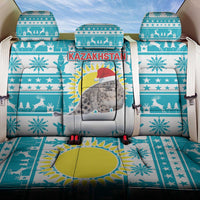 Kazakhstan Christmas Back Car Seat Cover with Snow Leopard in Santa Hat Blue and Yellow Reindeer Snowflake - Wonder Print Shop