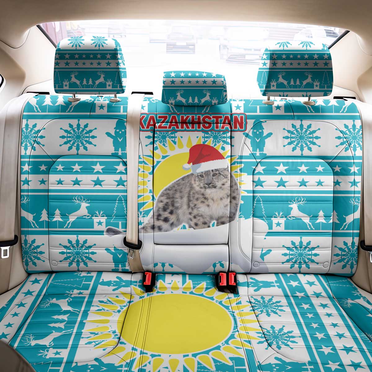 Kazakhstan Christmas Back Car Seat Cover with Snow Leopard in Santa Hat Blue and Yellow Reindeer Snowflake - Wonder Print Shop