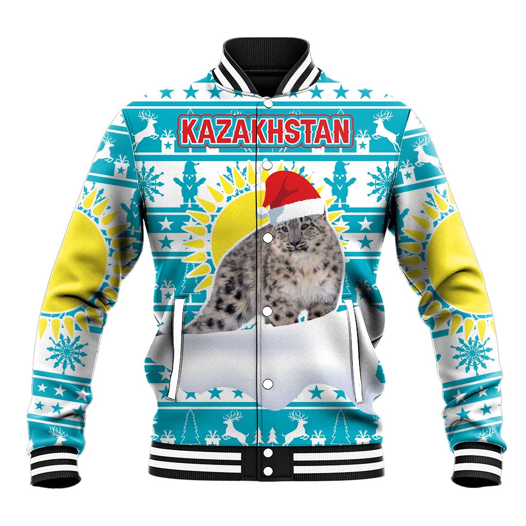 Kazakhstan Christmas Baseball Jacket with Snow Leopard in Santa Hat Blue and Yellow Reindeer Snowflake - Wonder Print Shop