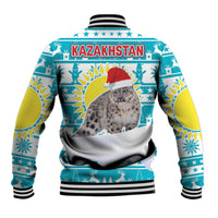 Kazakhstan Christmas Baseball Jacket with Snow Leopard in Santa Hat Blue and Yellow Reindeer Snowflake - Wonder Print Shop