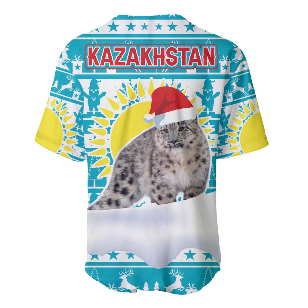 Kazakhstan Christmas Baseball Jersey with Snow Leopard in Santa Hat Blue and Yellow Reindeer Snowflake - Wonder Print Shop