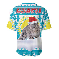 Kazakhstan Christmas Baseball Jersey with Snow Leopard in Santa Hat Blue and Yellow Reindeer Snowflake - Wonder Print Shop