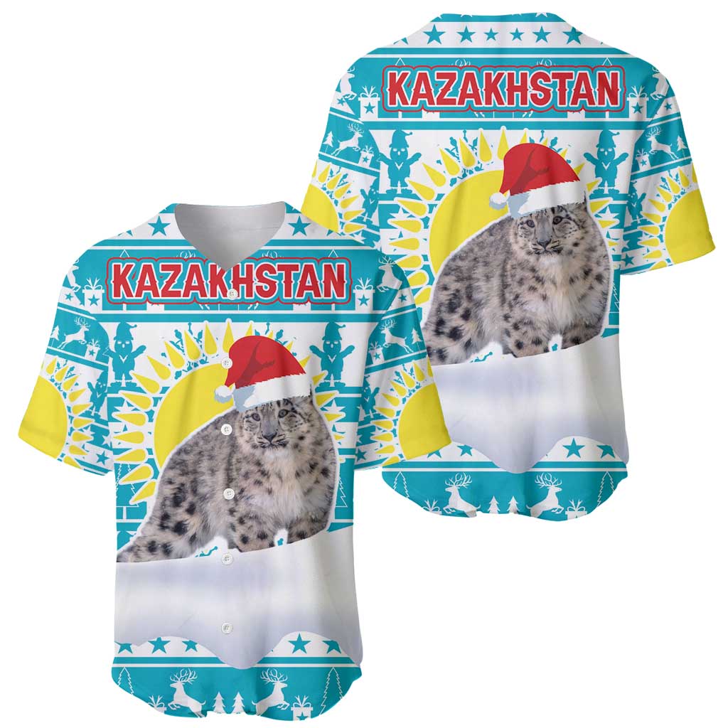 Kazakhstan Christmas Baseball Jersey with Snow Leopard in Santa Hat Blue and Yellow Reindeer Snowflake - Wonder Print Shop