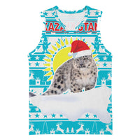Kazakhstan Christmas Basketball Jersey with Snow Leopard in Santa Hat Blue and Yellow Reindeer Snowflake - Wonder Print Shop