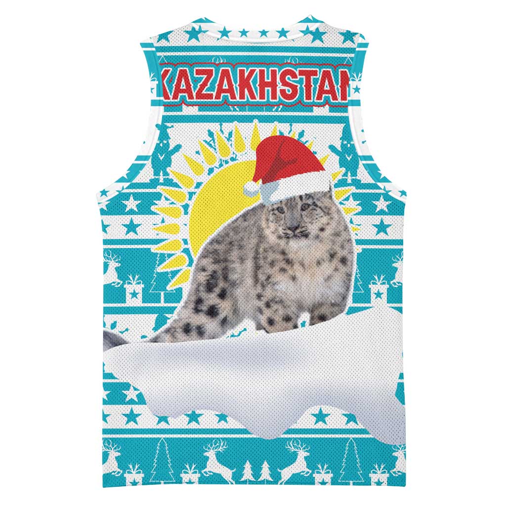 Kazakhstan Christmas Basketball Jersey with Snow Leopard in Santa Hat Blue and Yellow Reindeer Snowflake - Wonder Print Shop