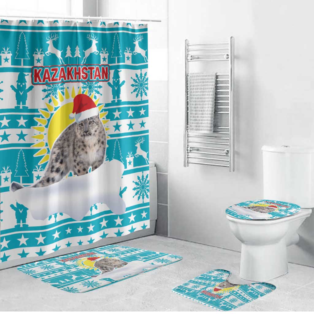 Kazakhstan Christmas Bathroom Set with Snow Leopard in Santa Hat Blue and Yellow Reindeer Snowflake - Wonder Print Shop