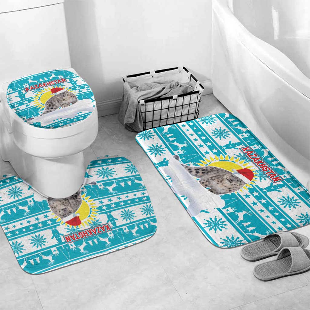 Kazakhstan Christmas Bathroom Set with Snow Leopard in Santa Hat Blue and Yellow Reindeer Snowflake - Wonder Print Shop