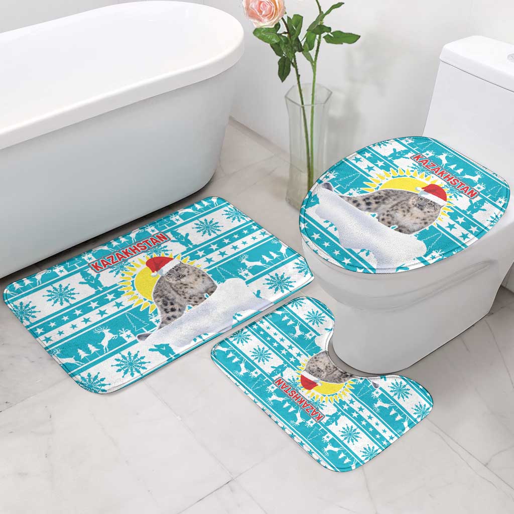 Kazakhstan Christmas Bathroom Set with Snow Leopard in Santa Hat Blue and Yellow Reindeer Snowflake - Wonder Print Shop