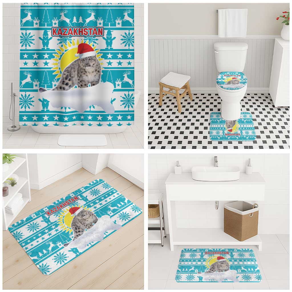 Kazakhstan Christmas Bathroom Set with Snow Leopard in Santa Hat Blue and Yellow Reindeer Snowflake - Wonder Print Shop