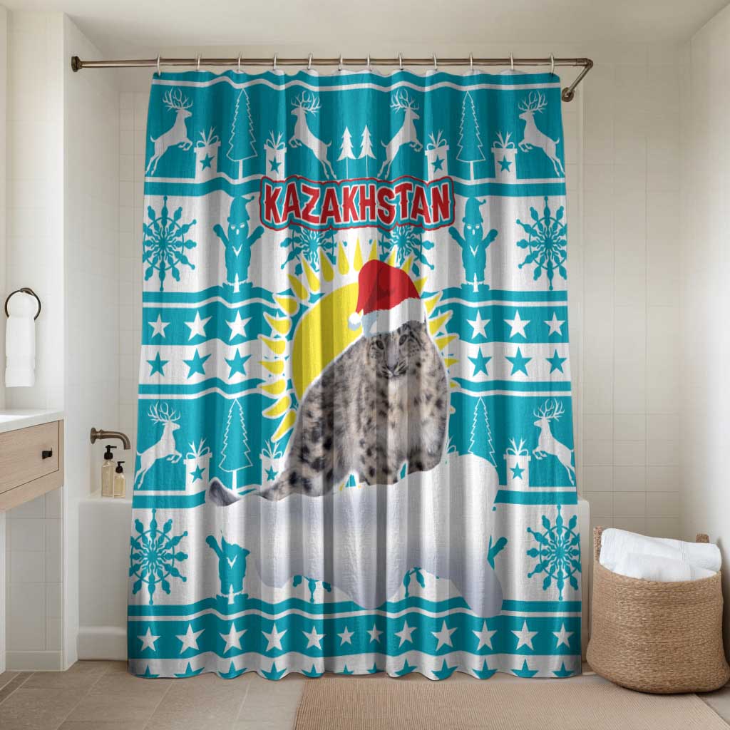 Kazakhstan Christmas Bathroom Set with Snow Leopard in Santa Hat Blue and Yellow Reindeer Snowflake - Wonder Print Shop