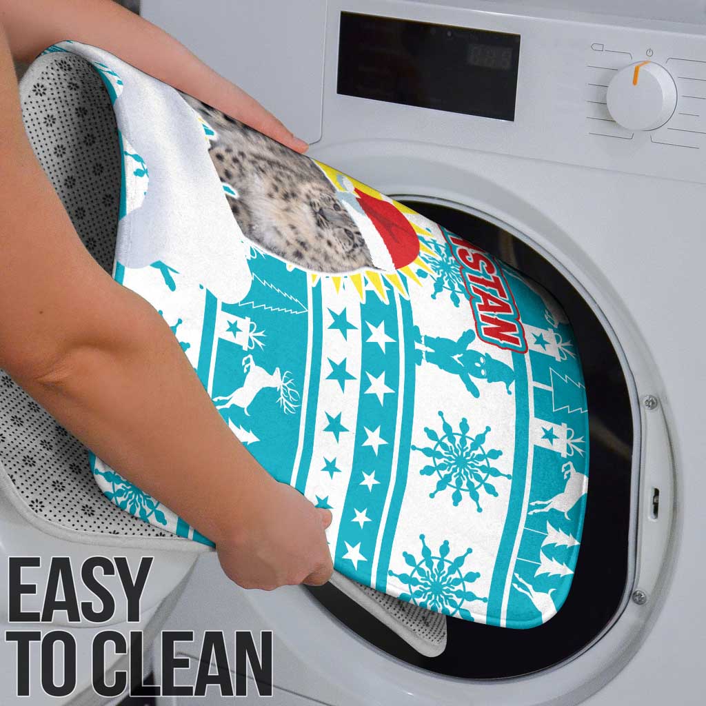 Kazakhstan Christmas Bathroom Set with Snow Leopard in Santa Hat Blue and Yellow Reindeer Snowflake - Wonder Print Shop