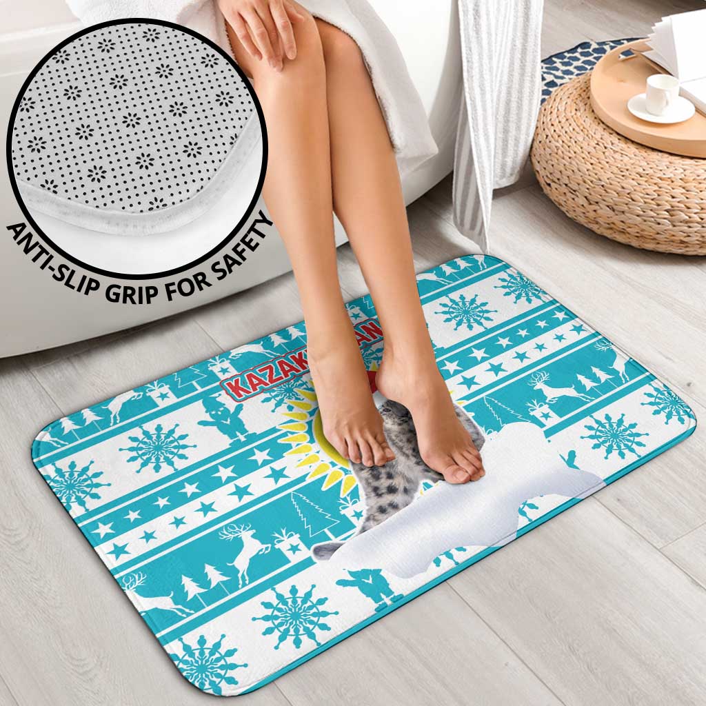 Kazakhstan Christmas Bathroom Set with Snow Leopard in Santa Hat Blue and Yellow Reindeer Snowflake - Wonder Print Shop