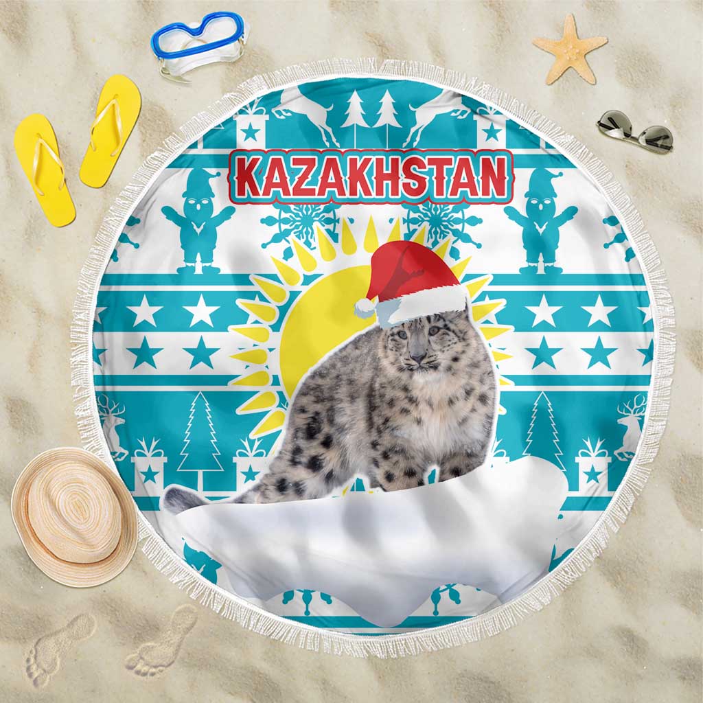 Kazakhstan Christmas Beach Blanket with Snow Leopard in Santa Hat Blue and Yellow Reindeer Snowflake - Wonder Print Shop