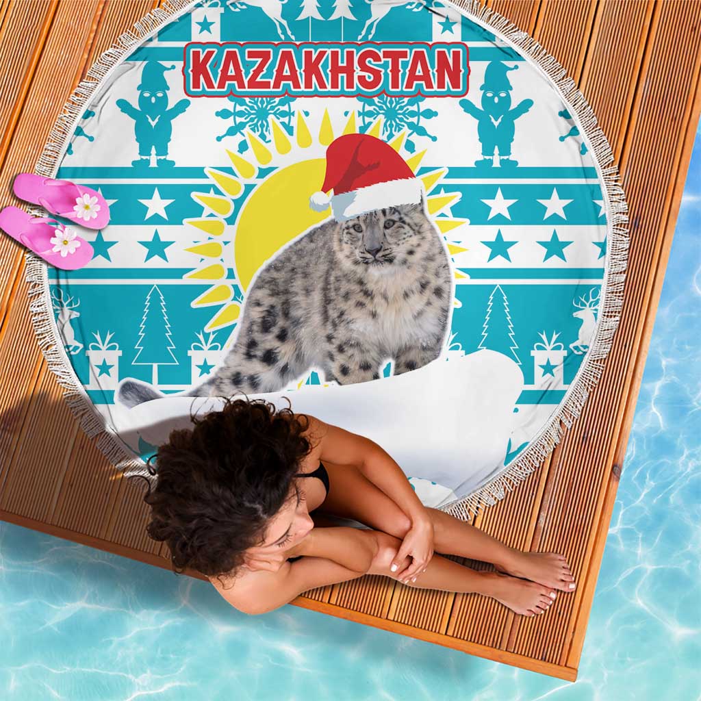 Kazakhstan Christmas Beach Blanket with Snow Leopard in Santa Hat Blue and Yellow Reindeer Snowflake - Wonder Print Shop