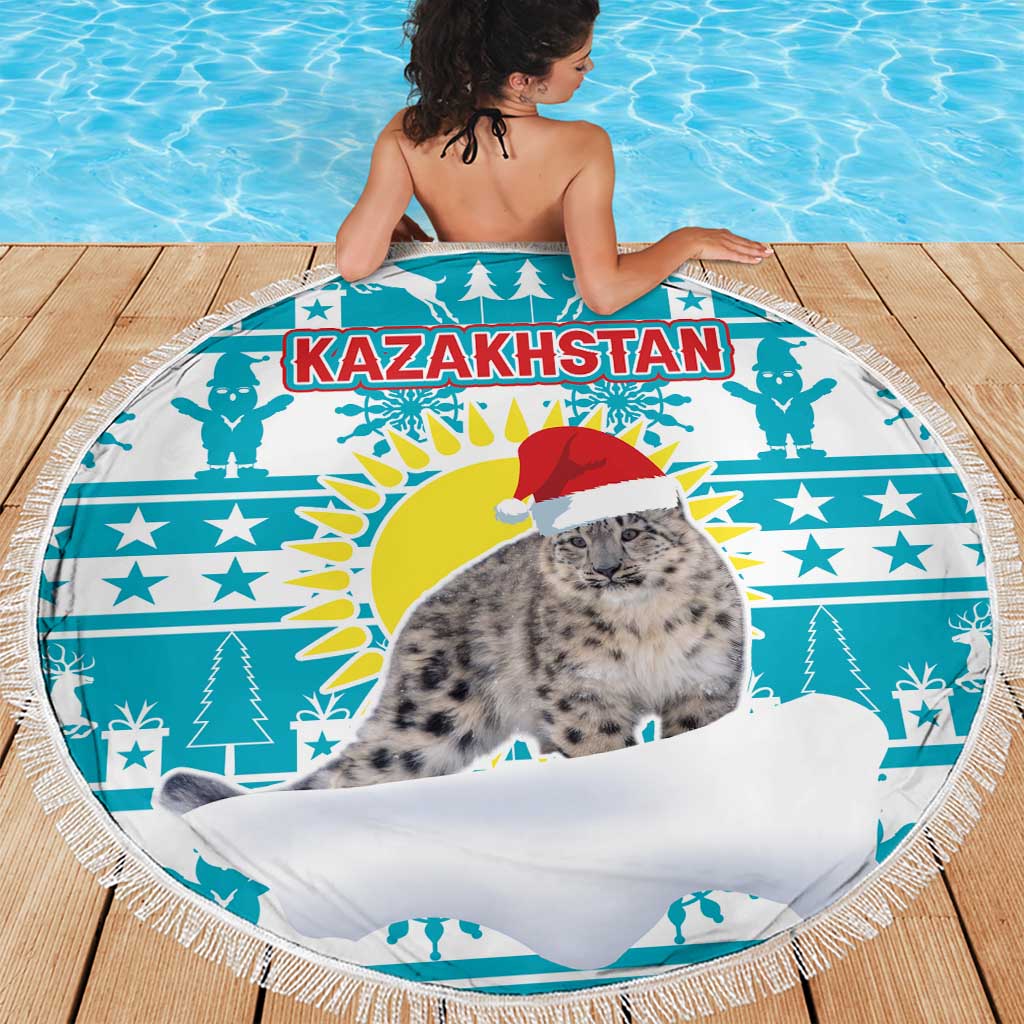 Kazakhstan Christmas Beach Blanket with Snow Leopard in Santa Hat Blue and Yellow Reindeer Snowflake - Wonder Print Shop