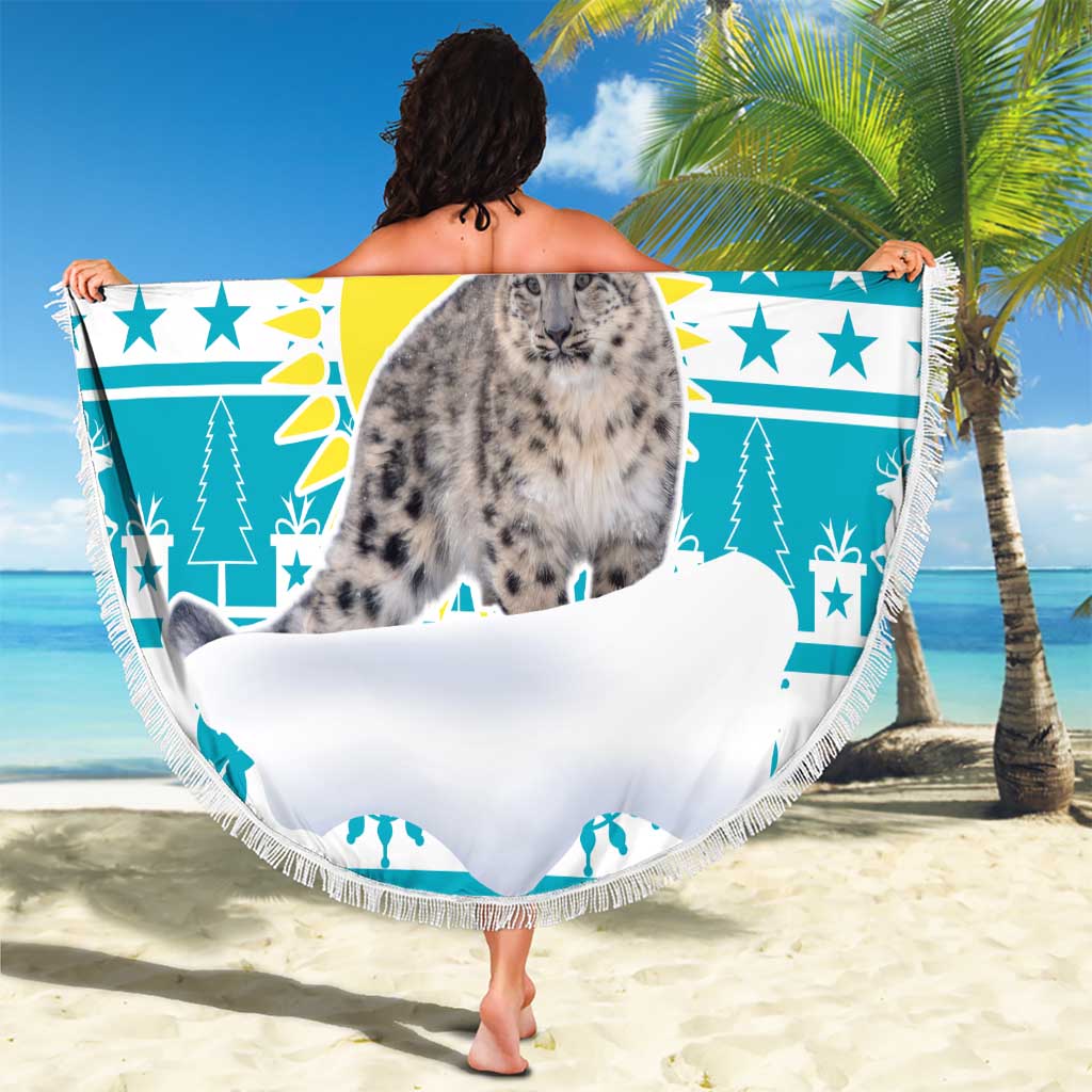 Kazakhstan Christmas Beach Blanket with Snow Leopard in Santa Hat Blue and Yellow Reindeer Snowflake - Wonder Print Shop