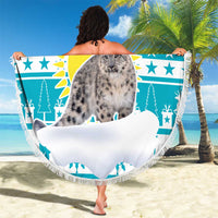Kazakhstan Christmas Beach Blanket with Snow Leopard in Santa Hat Blue and Yellow Reindeer Snowflake - Wonder Print Shop