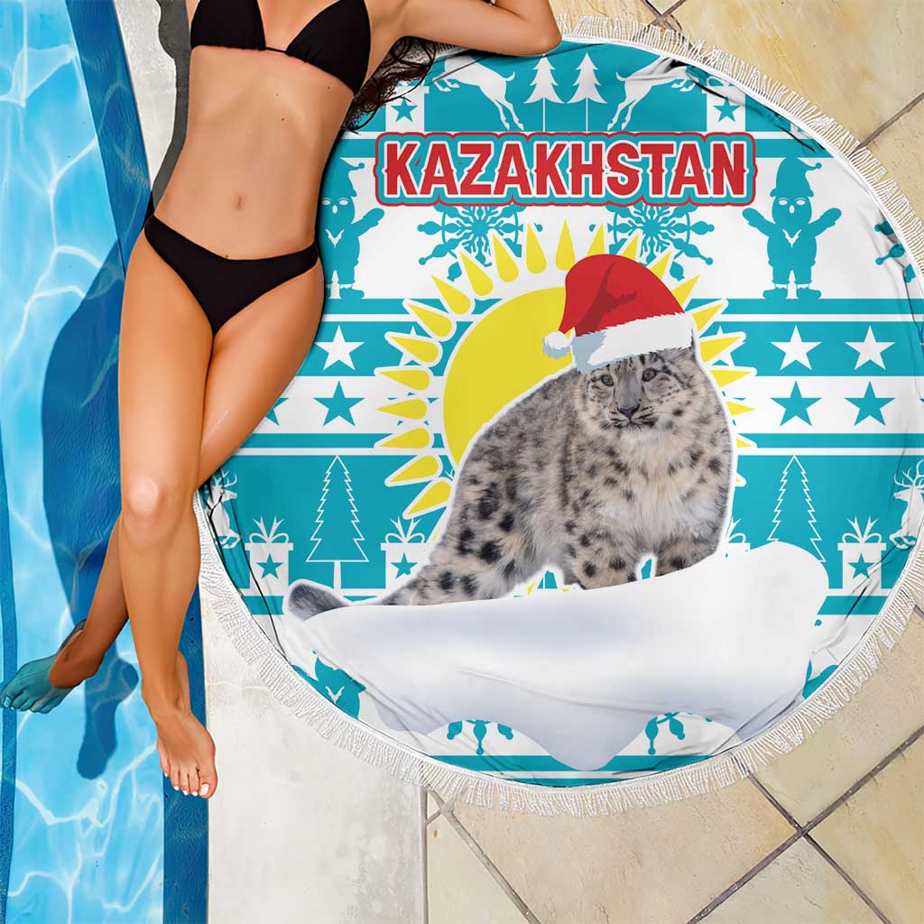 Kazakhstan Christmas Beach Blanket with Snow Leopard in Santa Hat Blue and Yellow Reindeer Snowflake - Wonder Print Shop