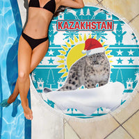 Kazakhstan Christmas Beach Blanket with Snow Leopard in Santa Hat Blue and Yellow Reindeer Snowflake - Wonder Print Shop