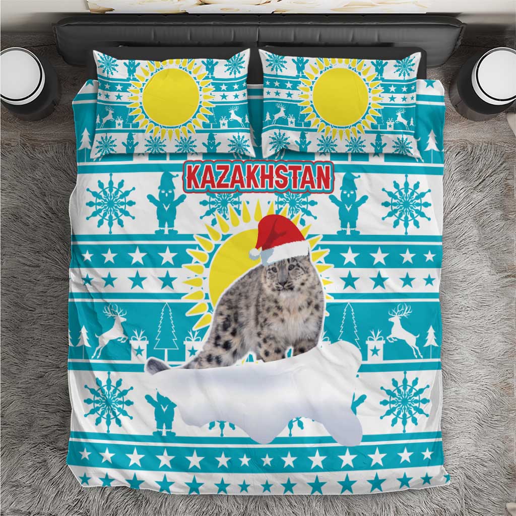 Kazakhstan Christmas Bedding Set with Snow Leopard in Santa Hat Blue and Yellow Reindeer Snowflake - Wonder Print Shop