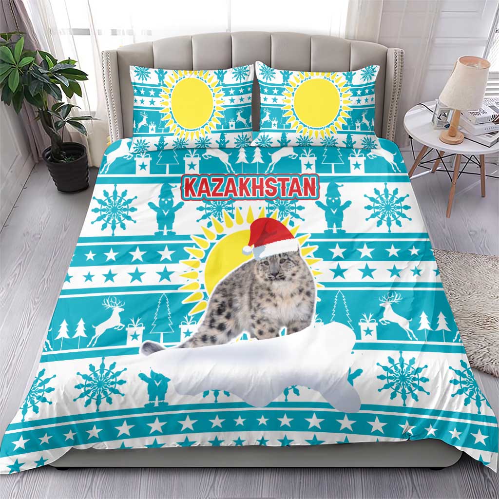 Kazakhstan Christmas Bedding Set with Snow Leopard in Santa Hat Blue and Yellow Reindeer Snowflake - Wonder Print Shop