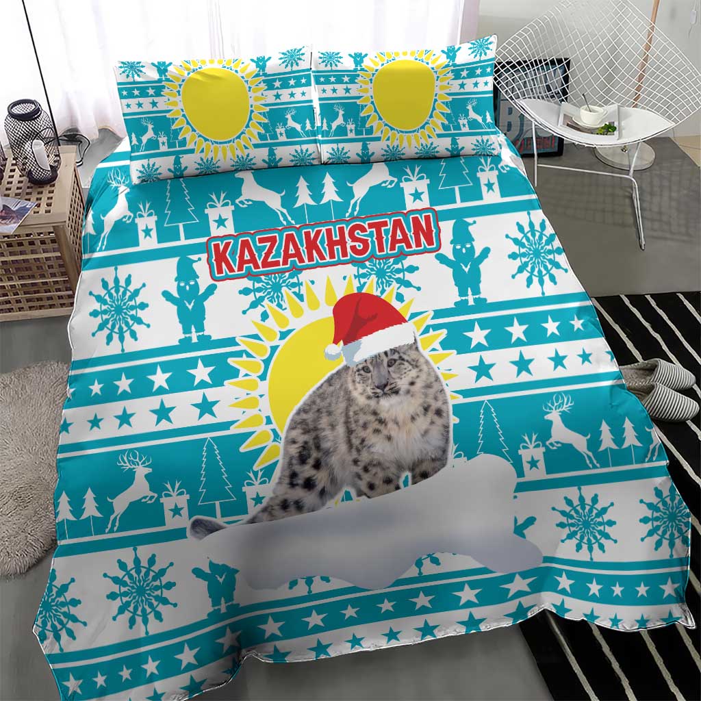 Kazakhstan Christmas Bedding Set with Snow Leopard in Santa Hat Blue and Yellow Reindeer Snowflake - Wonder Print Shop